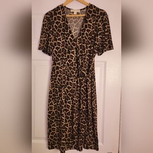 Michael Kors Leopard Print Dress with Waist Belt & Tie Snap-on Frnt Closure Sz M